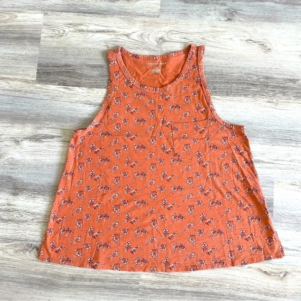 American Eagle Orange Floral Pocket Tank Top Size L